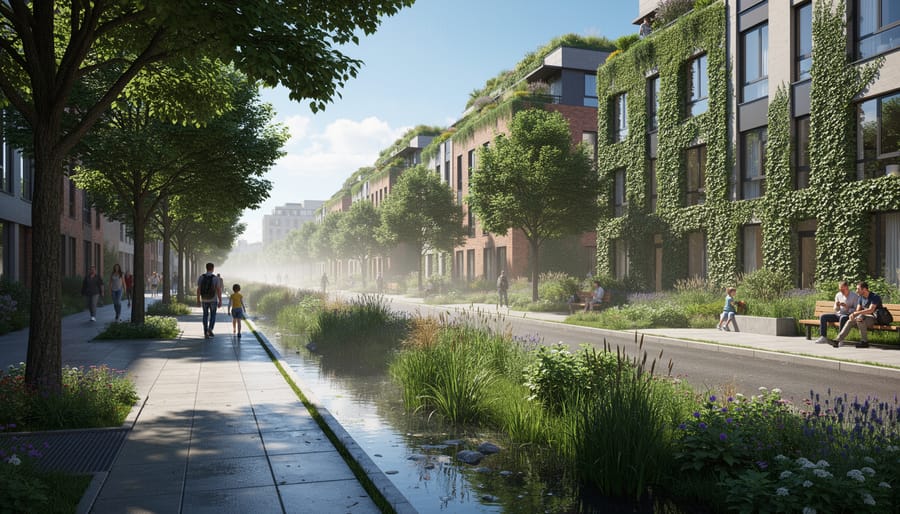 Rain-washed bioswale with native grasses beside a sidewalk in an urban setting.