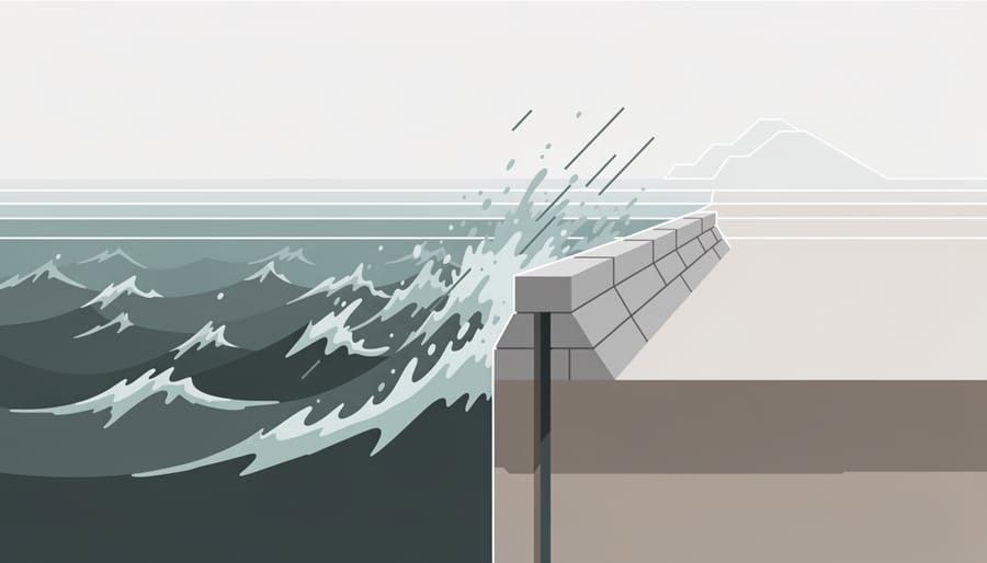 Waves reaching a concrete shoreline and wet sand at dusk