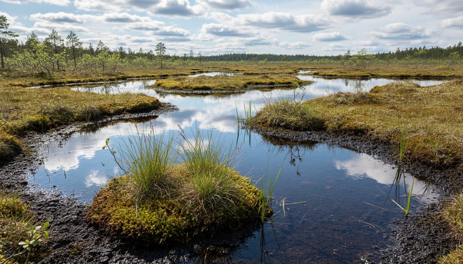 Marsh wetland with reeds and dark reflective water under an overcast sky.