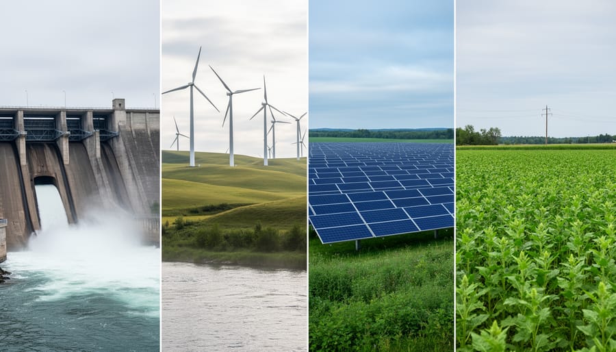 Wide view of Canada’s renewable energy sources showing a hydroelectric dam, wind turbines, solar panels, and a bioenergy field under an overcast sky.