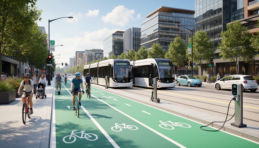 Electric bus and cyclist on a city street with a protected bike lane