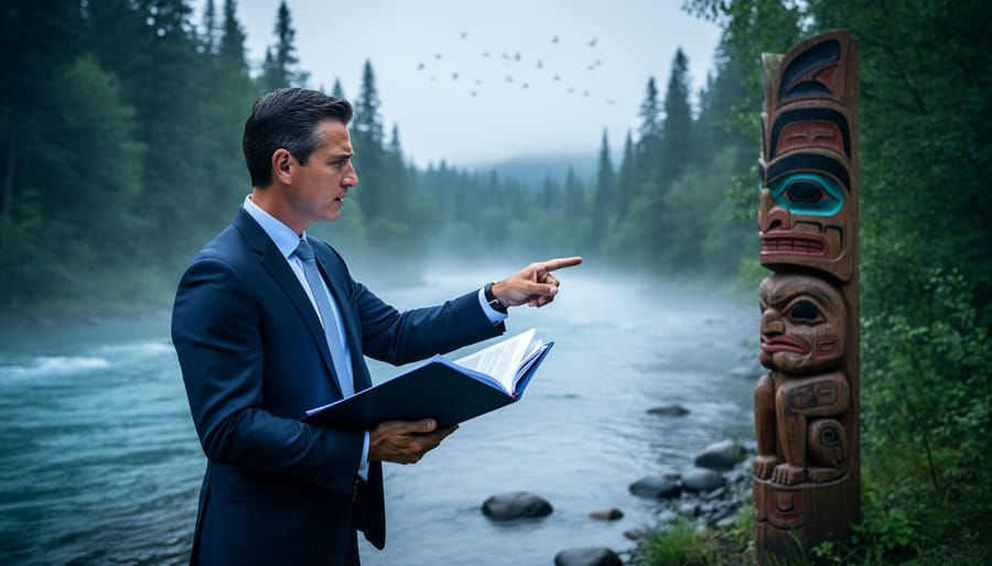 An environmental lawyer in a Canadian forest holding an open legal folder near a flowing river, with a carved Indigenous-inspired totem-like element in the background.