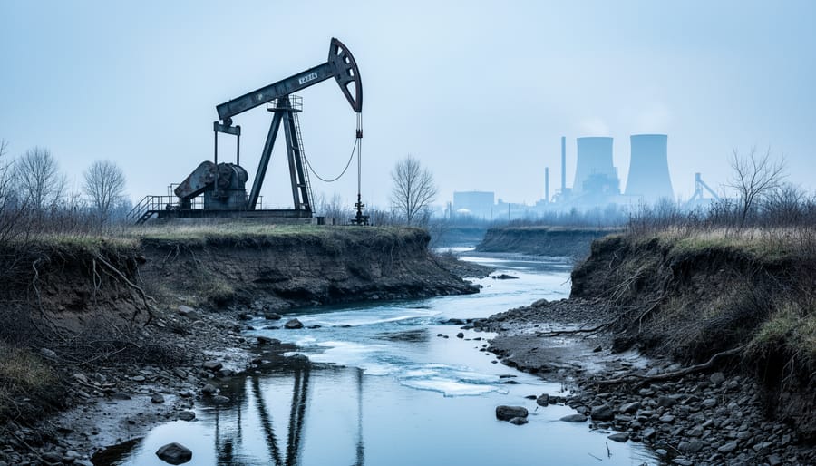 An oil pumpjack and coal stacks near a polluted stream and eroded riverbank under an overcast sky.