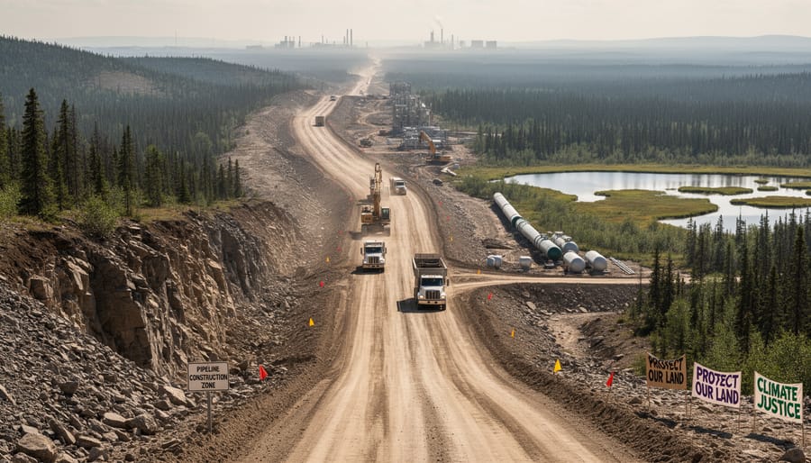 Construction equipment near a highway embankment with a cloudy sky and distant treeline