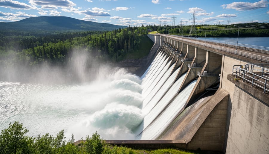 Hydroelectric dam spillway with flowing water under an overcast sky.