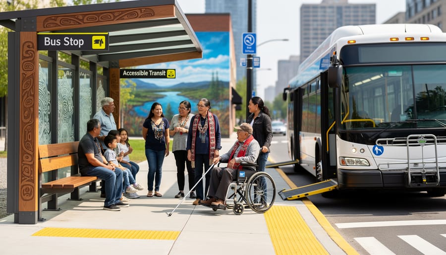 Indigenous community members standing near an accessible bus stop shelter in a winter setting