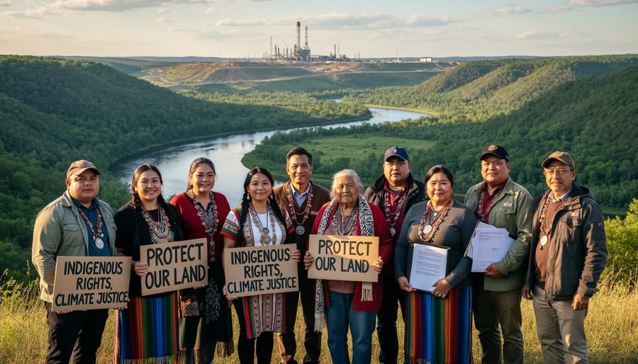 Indigenous group standing on a forest ridge at golden hour with a distant industrial structure blurred in the background