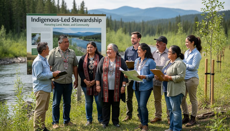 Indigenous community members standing together outdoors near a river or forest edge