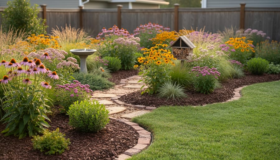 Native flowering plants blooming in a mulched backyard natural yard with a tidy edge and tree canopy in the background