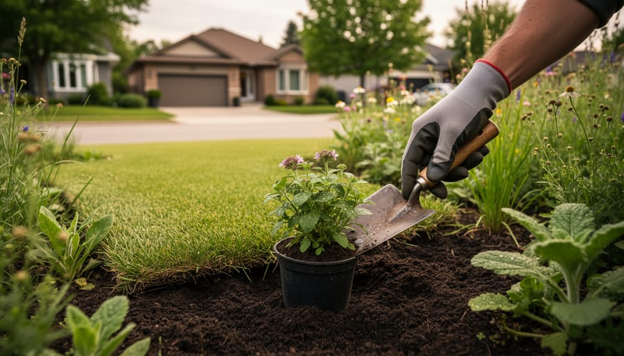 A homeowner planting native wildflowers and low-growing grasses in dark soil to transform a Canadian front yard into a natural ecosystem.