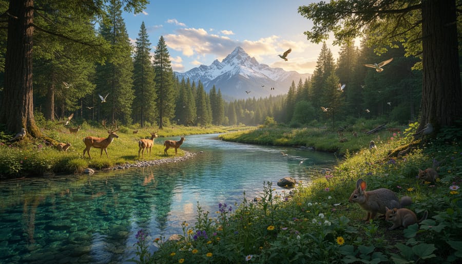 Clear stream flowing through a lush northern forest with native vegetation and rocks