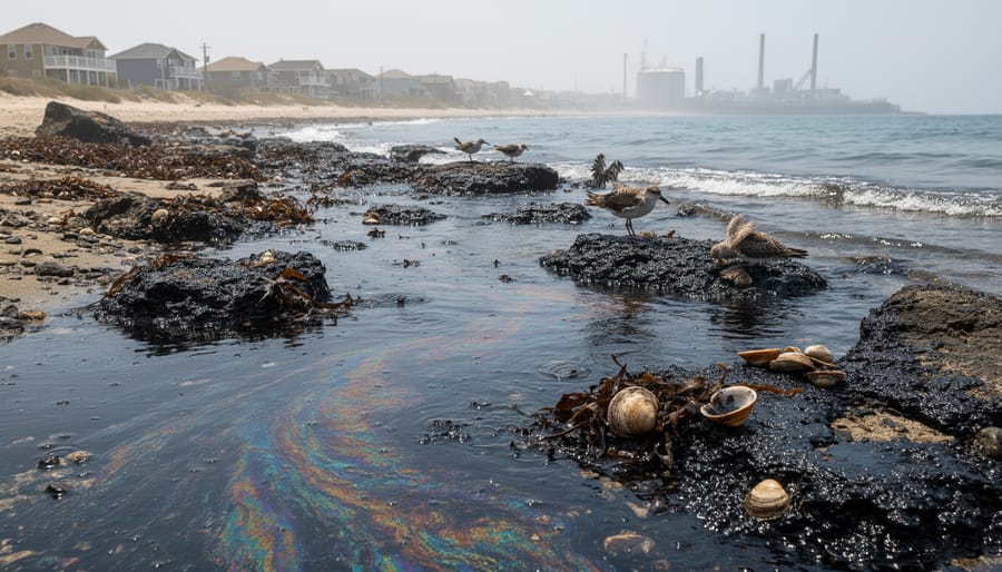 Close view of an oil-slick shoreline with dark slick on wet sand and blurred coastal waves