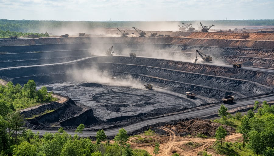 Wide view of an open pit coal mine with dust and heavy machinery near the foreground at sunrise