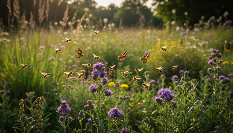 A butterfly and bee feeding on native flowers in a mulched natural yard
