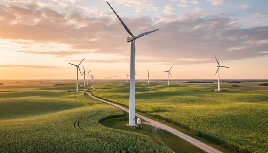 Wind turbines on a prairie landscape under bright daylight.