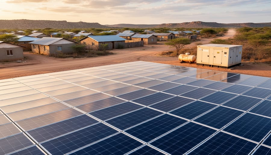 Solar panels mounted on a community building roof in warm golden hour light.
