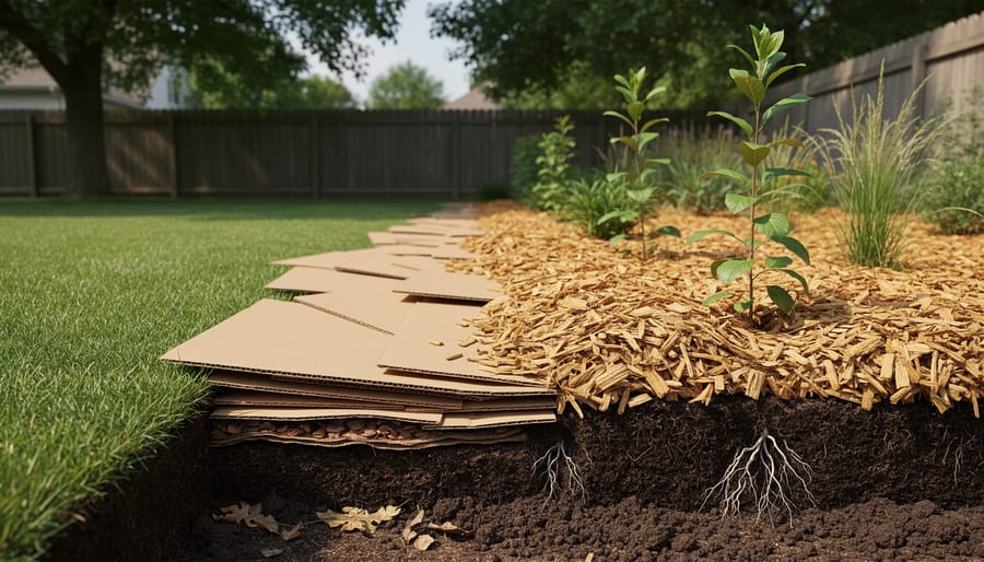 Sheet mulching setup with cardboard covered by straw or leaf mulch over an existing lawn