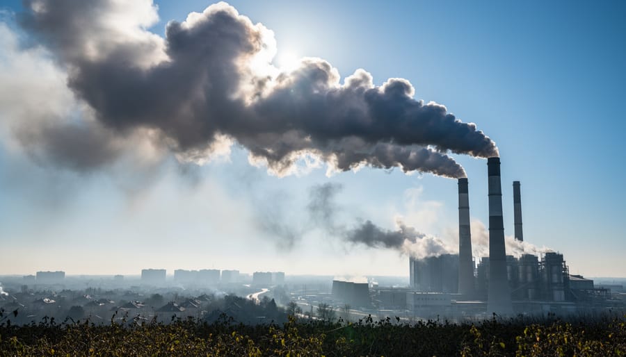 Smokestack releasing thick smoke above a distant city skyline under overcast light