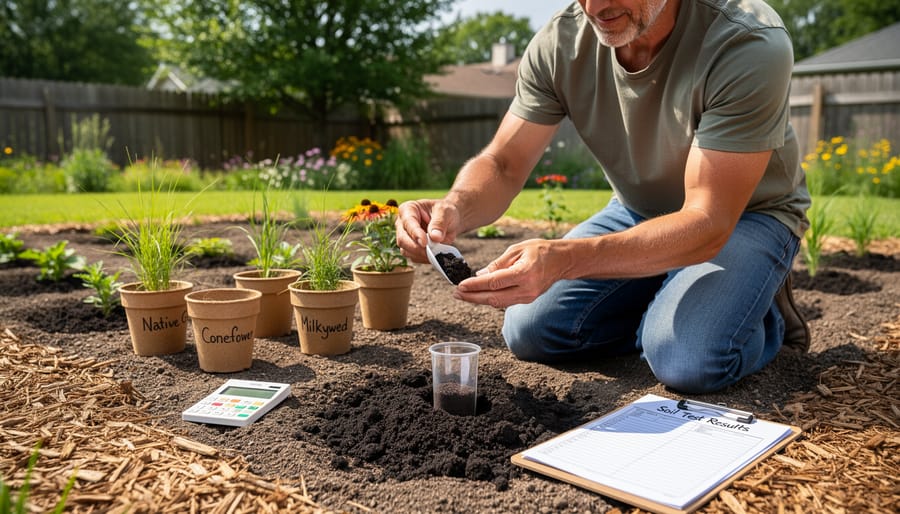 Close view of a gardener taking a soil sample with a test kit in a garden bed