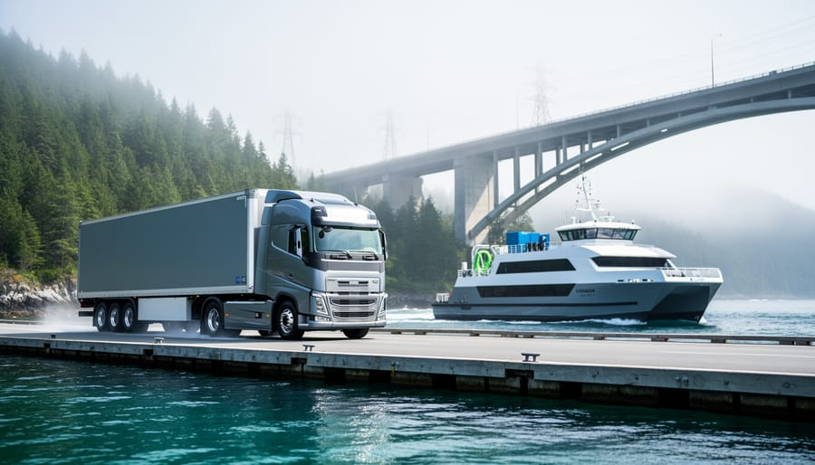“Electric truck and battery-electric ferry along a coastal highway bridge and waterfront with evergreen trees under a bright overcast sky.”