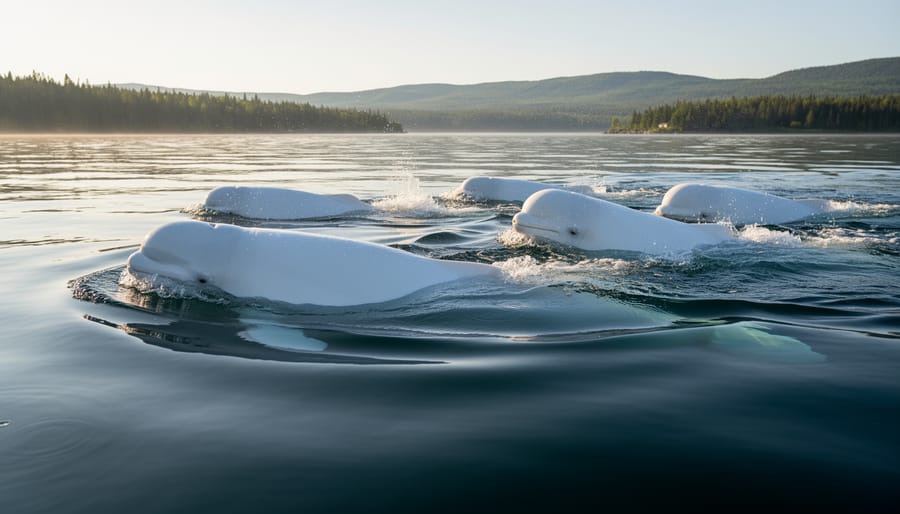 Beluga whale surfacing in the St. Lawrence River with rippling water reflections.