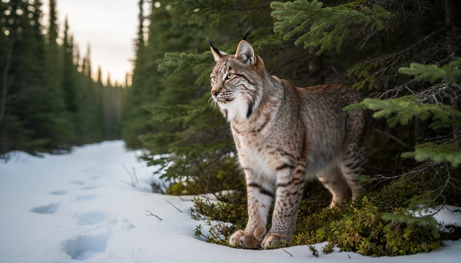Canada lynx standing on rocks near a spruce forest edge in Quebec.