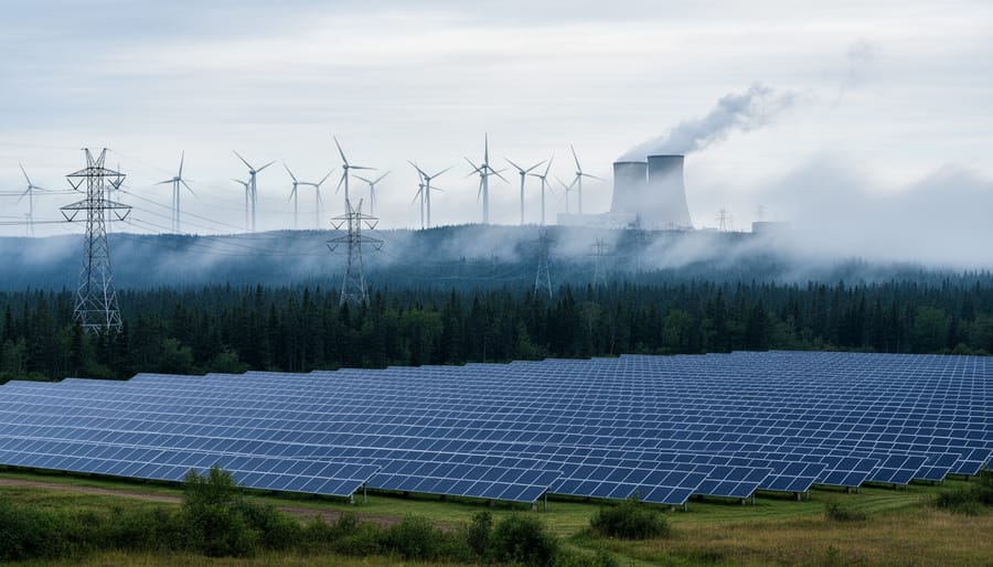 Wind turbines, solar panels, and transmission towers in a Canadian landscape under an overcast sky, suggesting a clean electricity future.