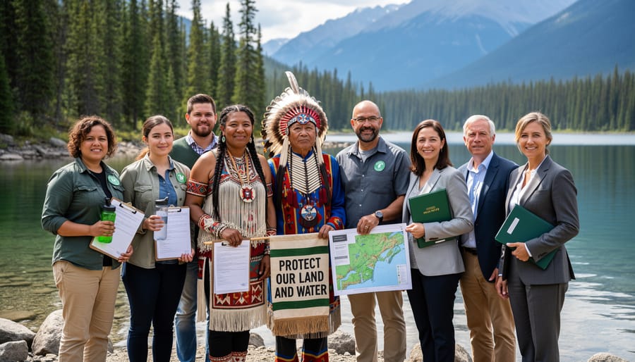 Three environmental advocates outdoors in a Canadian forest, including an Indigenous Elder, a volunteer, and a legal professional