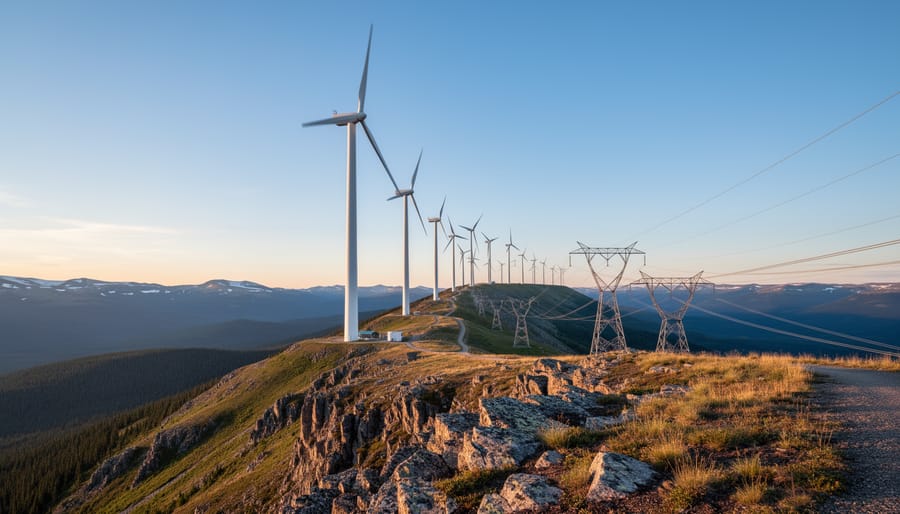 Wind turbines on a Canadian ridge under a cloudy sky
