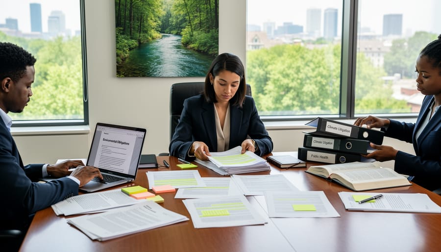 Close-up of hands setting a legal binder and pen on a courtroom table
