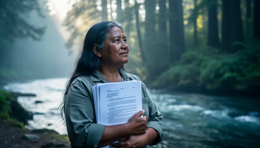 An Indigenous environmental advocate stands on a forest shoreline at dawn holding legal documents, facing a misty river and cedar trees representing protection of land and water.