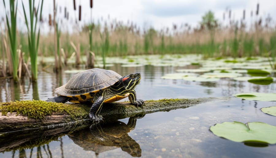 Painted turtle on muddy ground in an Ontario wetland with cattails in the background