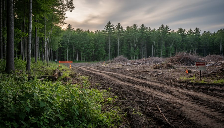 Disrupted forest edge with cleared ground and remaining trees in the distance