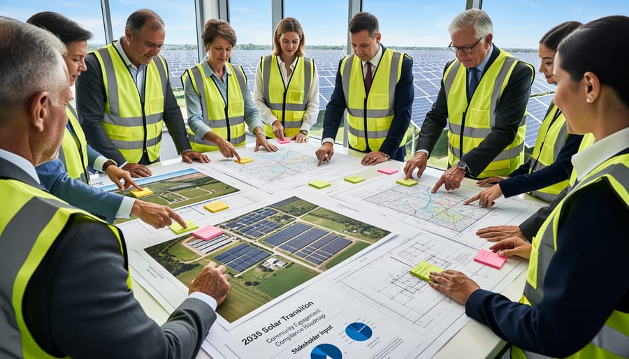 Person holding a small solar panel model near planning materials