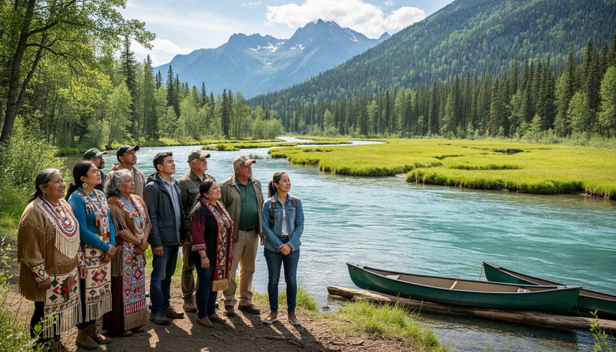 River through dense boreal forest with people in the distance suggesting environmental stewardship