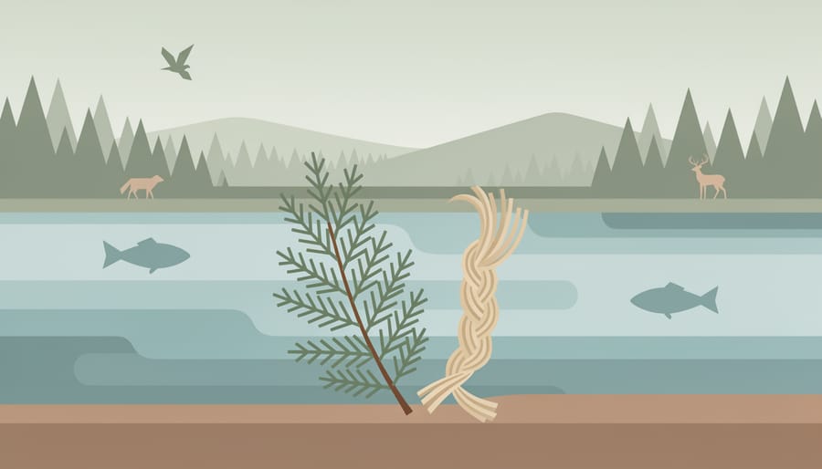 Cedar needles and sweetgrass bundles resting near an Ontario riverbank