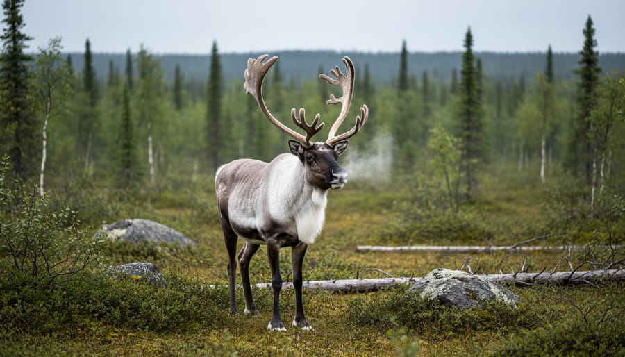 Caribou silhouette near a misty boreal forest shoreline in Ontario