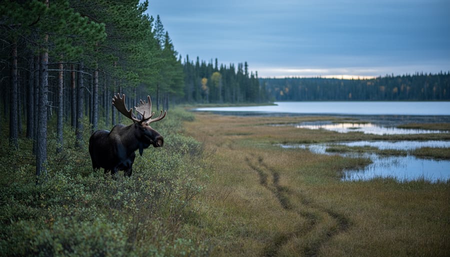 A moose in tall grass at the edge of an Ontario pine forest overlooking a distant lake and wetlands at dusk.