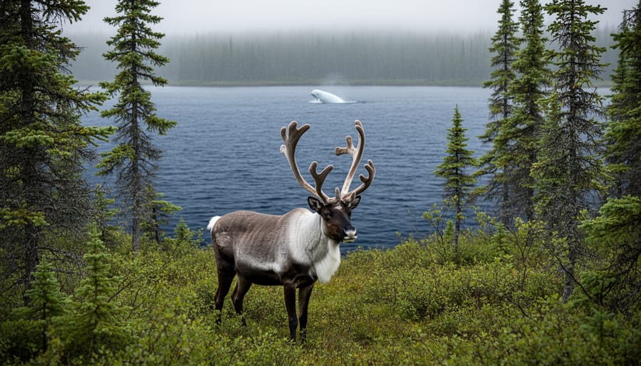 Woodland caribou in a Quebec boreal forest with the St. Lawrence River in the background and a beluga breaching near the shoreline.