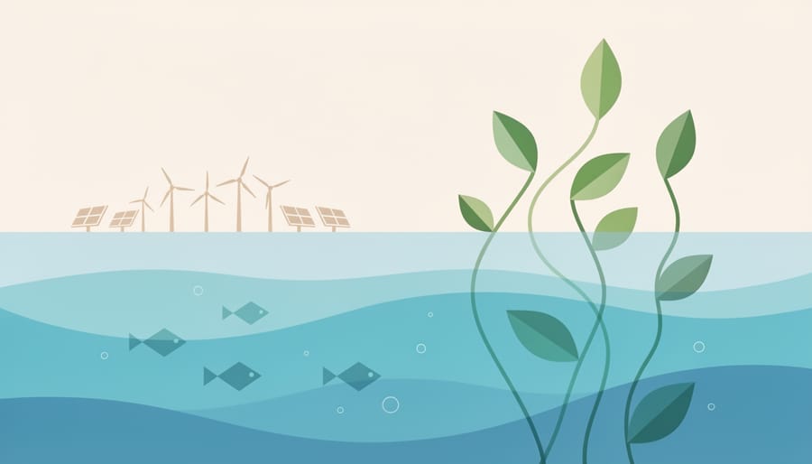 Riverbank with aquatic plants symbolizing environmental protection near distant renewable energy infrastructure