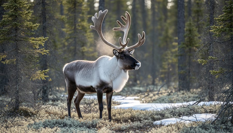 Woodland caribou standing in a lichen-covered boreal forest clearing in Quebec.